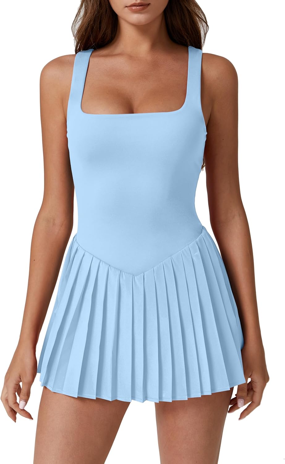 Womens Square Neck Tennis Dress Pleated Sleeveless Built in Shorts Golf Athletic Dress with Pockets