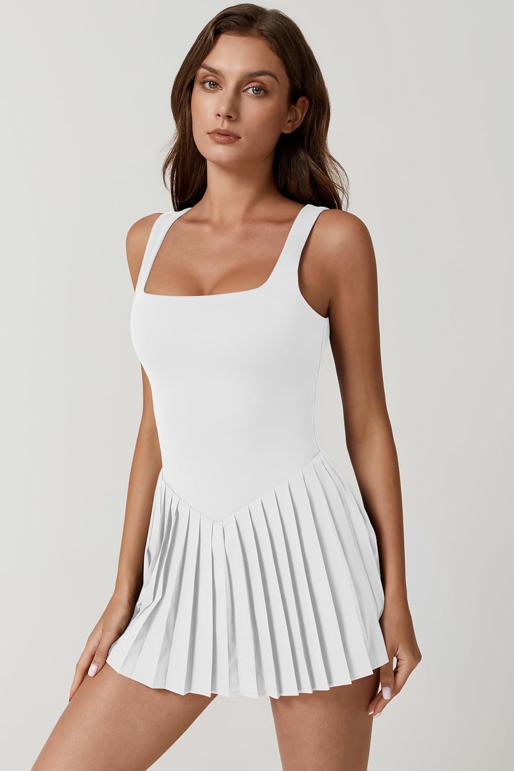 Womens Square Neck Tennis Dress Pleated Sleeveless Built in Shorts Golf Athletic Dress with Pockets