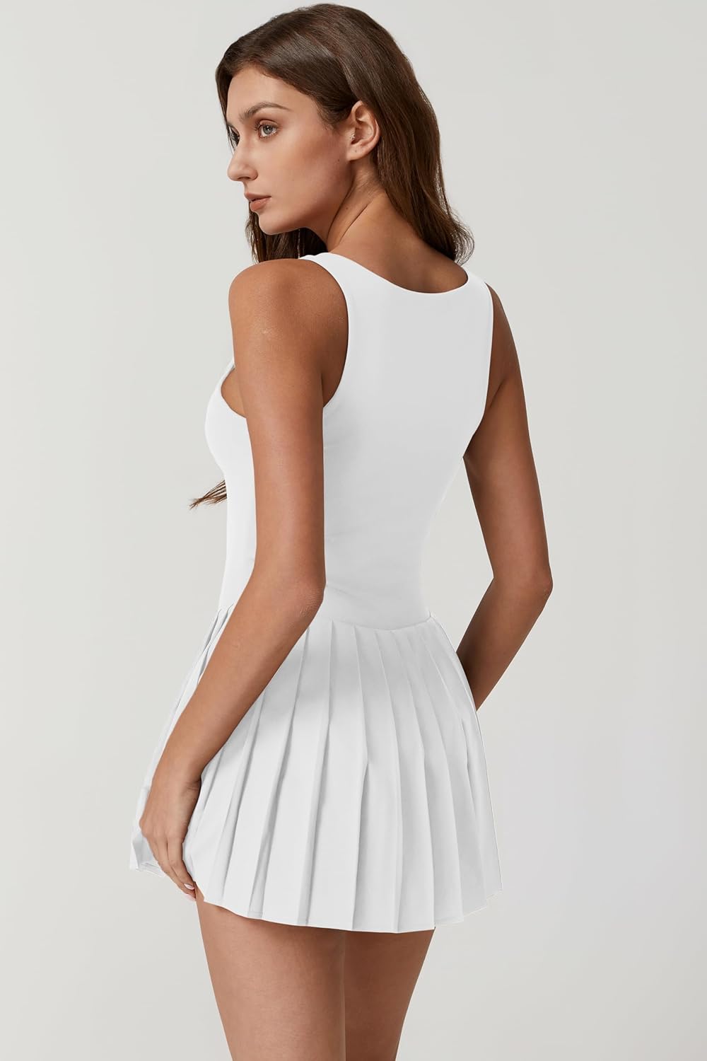 Womens Square Neck Tennis Dress Pleated Sleeveless Built in Shorts Golf Athletic Dress with Pockets