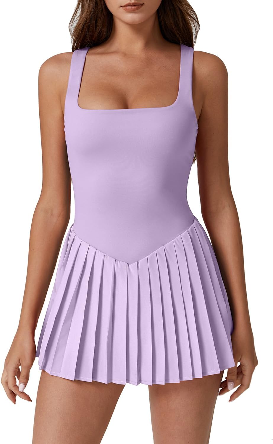 Womens Square Neck Tennis Dress Pleated Sleeveless Built in Shorts Golf Athletic Dress with Pockets